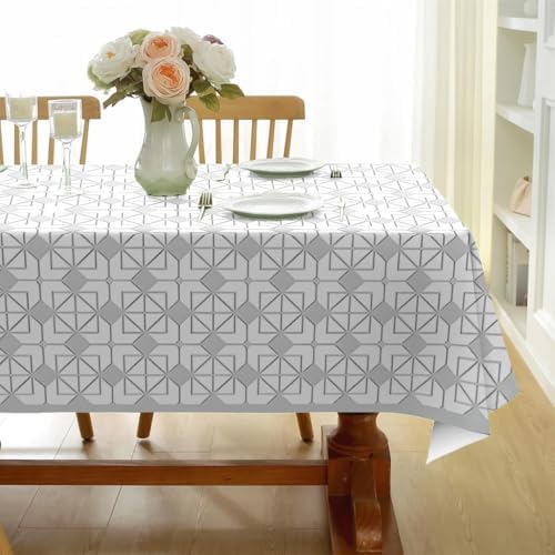 Gray-White Geometry Print Square Tablecloth, Waterproof Vinyl Table