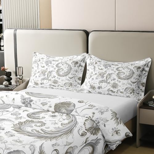 Gray Flowers 100% Cotton Duvet Cover Queen Size Garden Wild Blooming