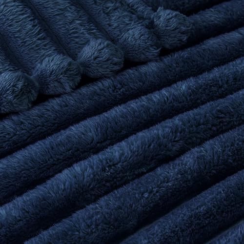 Exclusivo Mezcla Striped California King Fleece Bed Blanket, Navy Blue