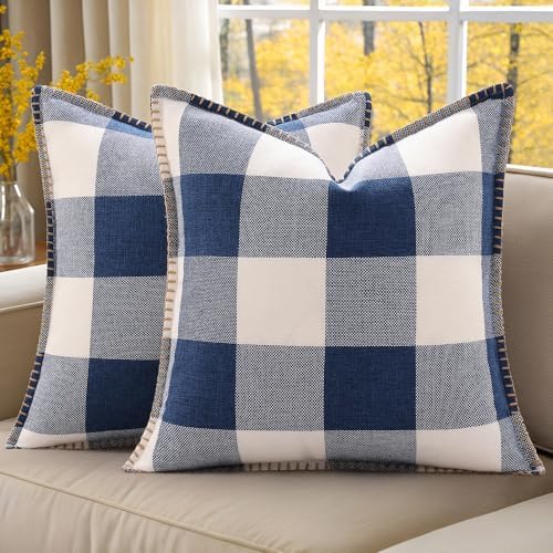 decorUhome Fall Plaid Linen Throw Pillow Covers 22x22 Set of 2 Navy