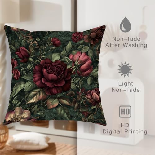 Vintage Floral Pillow Covers Set of 2, Dark Red Rose Botanical Throw
