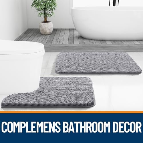 OLANLY Chenille Bathroom Rugs Mats Sets 2 Piece, 30"x20"+24"x16", Grey