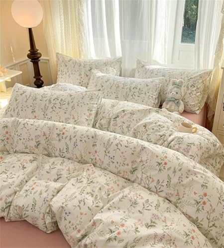 Sedefen Floral Duvet Cover Queen Size Green Floral On White Bedding