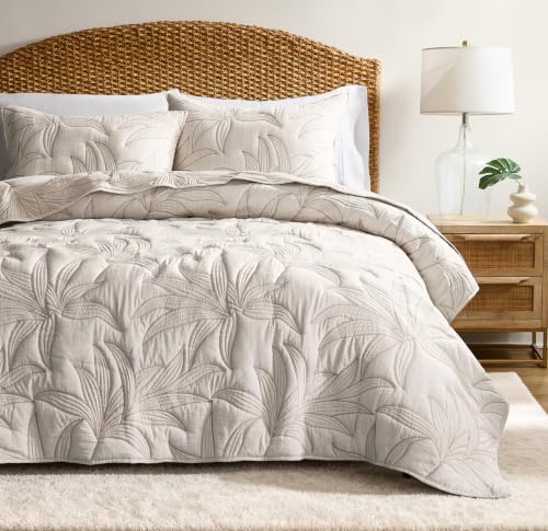 WDCOZY Beige Leaf Embroidered Quilt Set, Queen Size, Lightweight