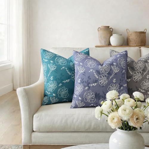 decorUhome Floral Faux Linen Throw Pillow Covers 22x22 Set of 2 Teal