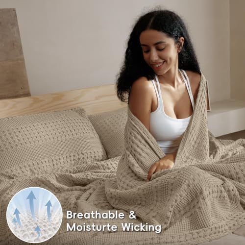 PHF Lightweight 100% Cotton Waffle Blanket for Bed, Queen, Taupe