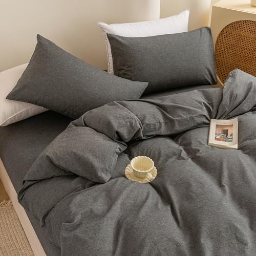 ECOCOTT Cotton 3 Pcs Duvet Cover Set Linen Feel Dark Grey Queen Size