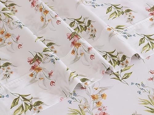 RUVANTI 100% Cotton Split King Sheets, Percale Sheet Set, Floral Bliss