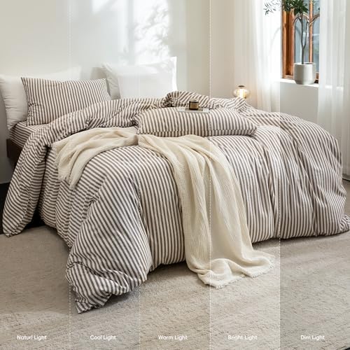 FOSSA Striped Duvet Cover Set 100% Washed Cotton Linen Feel Full