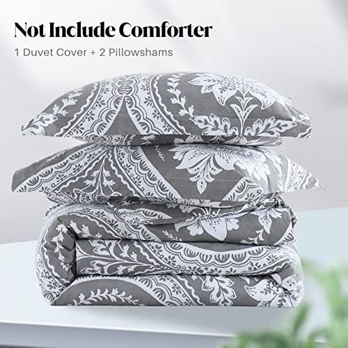 CozyDH Gray Duvet Cover Set Queen Size, Damask White Floral, 100%