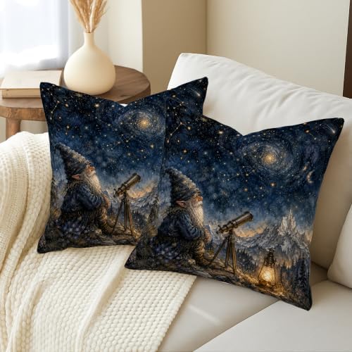 Gnome Throw Pillow Covers Set of 2, Fantasy Fanciful Telescope