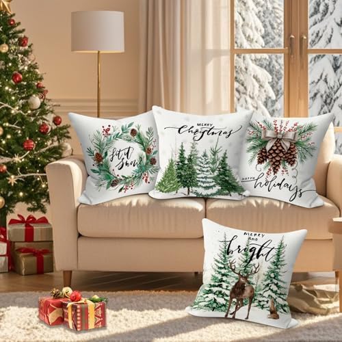Lanpn Outdoor Christmas Throw Pillow Covers 20x20 Set of 4, Forest