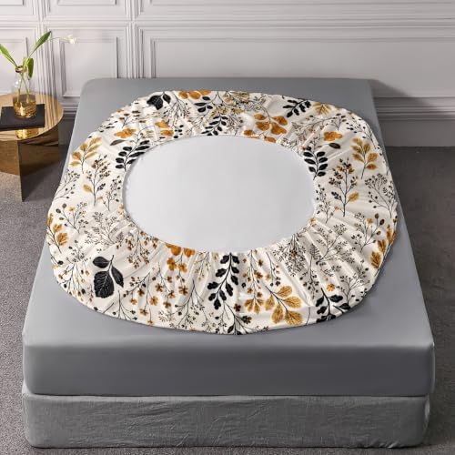 AILONEN Full Fitted Sheet Set, Mustard Black Wildflower Foliage Print