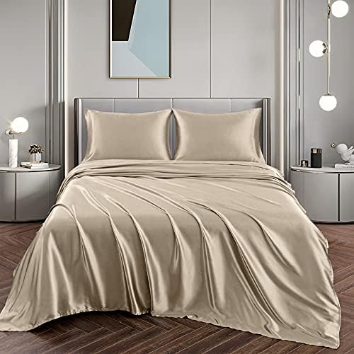 Vonty Satin Queen Taupe Sheets, Fitted + Flat + 2 Pillowcases