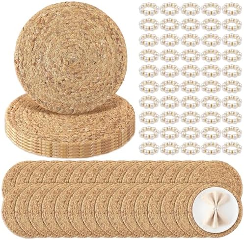 50 Set 12 Inch Round Woven Placemats with Pearl & Rhinestone Napkin