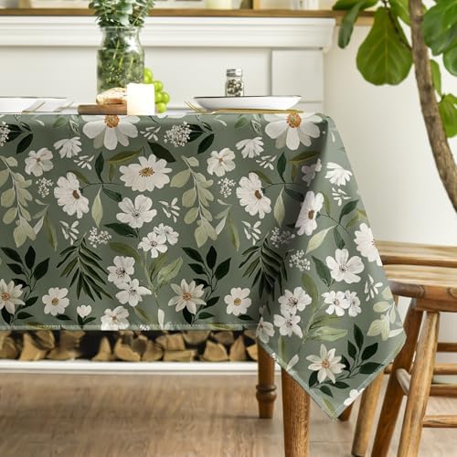 Horaldaily Tablecloth 60×60 Inch Square, Muted Gray Green Daisy