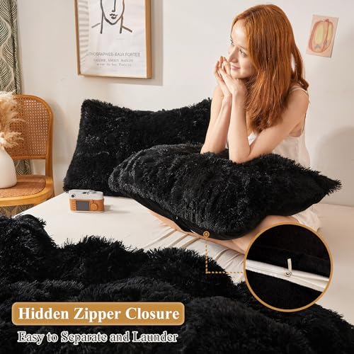 XeGe Fluffy Faux Fur Throw Pillow Covers, 18"x18", Set of 2, Black