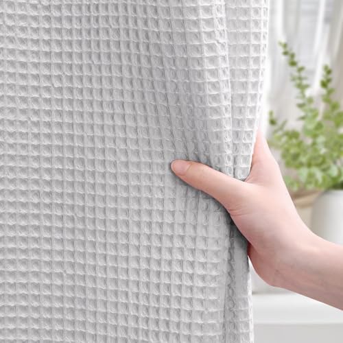 Waffle Weave Shower Curtain Heavyweight Cotton Fabric Light Grey