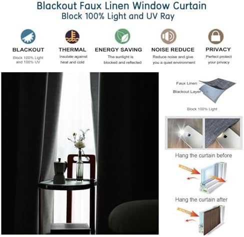 LETAU Linen Texture Grey Curtains 96 inches Long, 100% Blackout