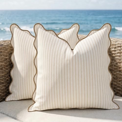 DEZENE 18x18 Beige Tan Outdoor Pillow Covers Pack of 2, Striped