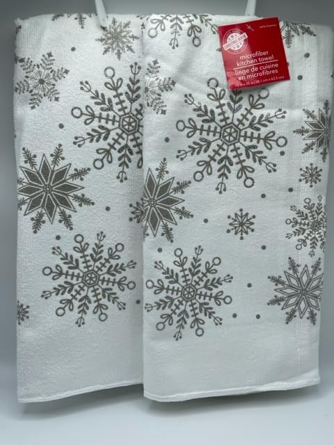 A Set of 2 Christmas Dish Towels White with Silver Snowflakes.
