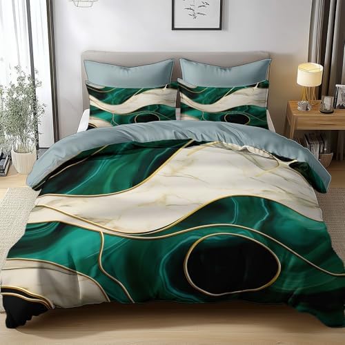 King Duvet Cover Set Abstract Marble Golden Lines, Gray Blue Quilt
