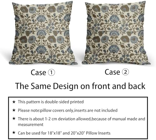 Brown Blue Floral Pillow Covers 22x22 Set of 2, Block Print Vintage