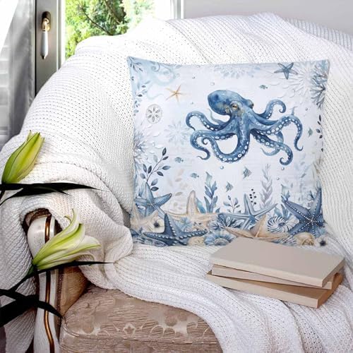 Blue Octopus Coastal Pillow Covers 26x26 Set of 2, Beach Starfish