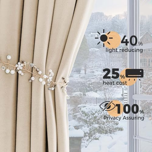 Lazzzy Beige Pinch Pleated Velvet Curtains Neutral 84 Inches Long 2