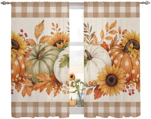 Savannan Semi Sheer Curtains Panels, Thanksgiving Pumpkin Brown Plaid