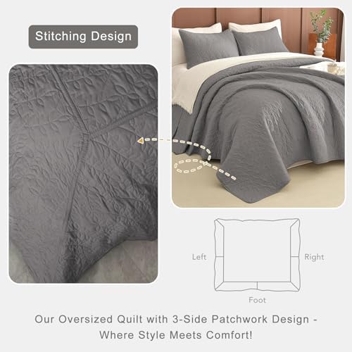 Lady Ann Gray Oversized King Bedspread 128x120, 3Pcs Extra Large