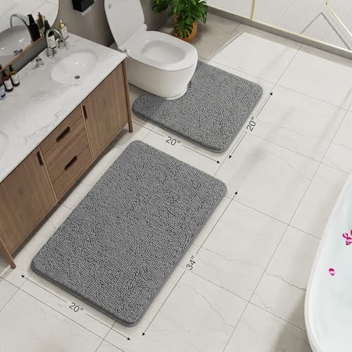 AROGAN Bathroom Rug Sets 2 Piece, 20"x20" U-Shaped & 21"×34", Grey