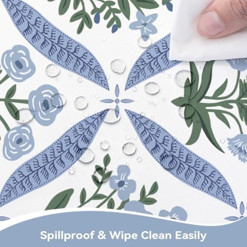 Block Print Floral Wipe Clean Square Table Cloth Blue 60x60inch