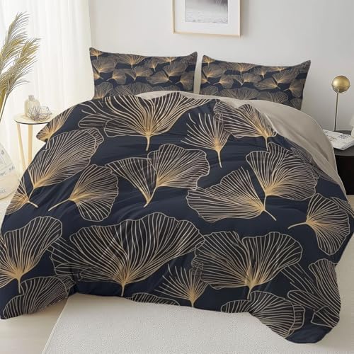Duvet Cover King, Minimalist Line Art Plants Ginkgo Leaves Bedding Set