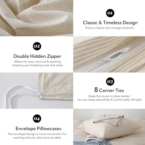 MILDLY Beige Striped Duvet Cover Set with Hidden Dual Zipper 8 Corner