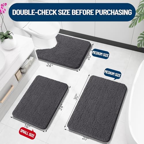 OLANLY Chenille Bathroom Rugs, Bath Rug Size 30x20+24x16 in Dark Grey