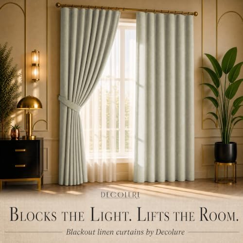 DECOLURE 100% Blackout Linen Curtains 120 Inches Long | Natural