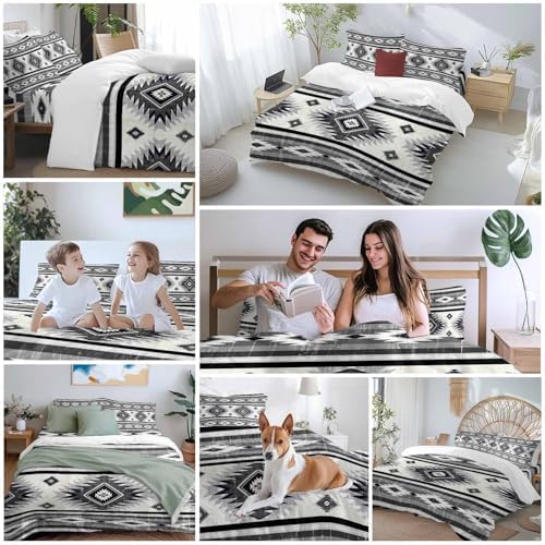 Gray Boho Duvet Cover Set, Southwestern Ethnic Aztec Retro Geometric