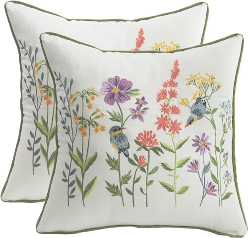 Embroidered Throw Pillow Covers 20x20 Pack of 2 Birds and Flowers