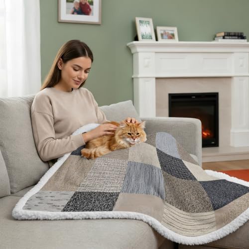 Khaki Grey Woven Sherpa Fleece Throw Blanket Modern Minimalist