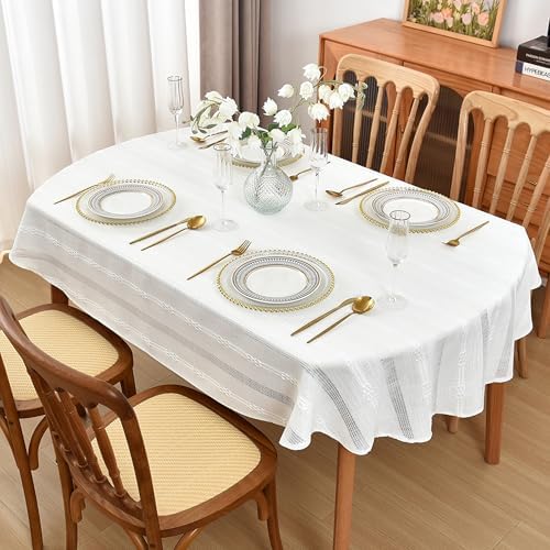Openwork Oval Tablecloth, Soft Striped Embroidered Heavy Weight Cotton