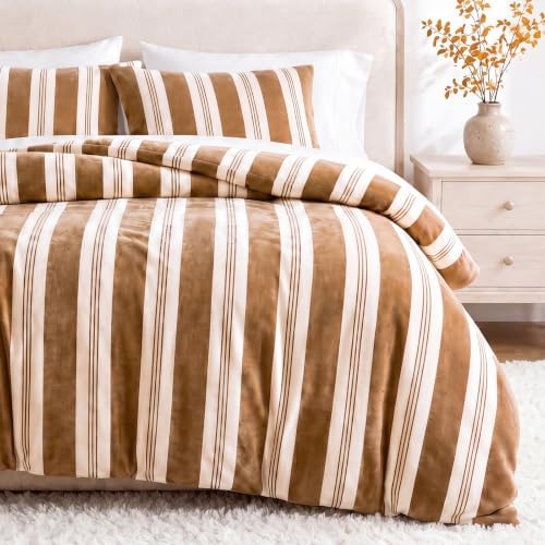 Merryword Khaki Striped Duvet Cover Set King Size,Soft Plush