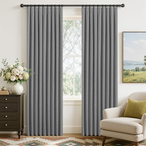MUMFAS Grey 100% Blackout Pinch Pleated Linen Curtains 84 Inches Long