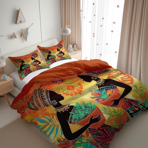 King Duvet Cover Set African Woman Geometric Flowers Soft Microfiber