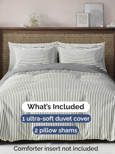 Duvet Cover Queen Size - 3 Piece with Zipper Closure - Grey Stripes