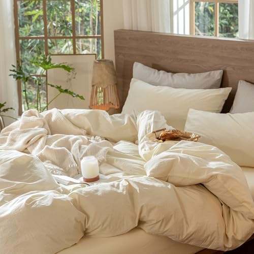 MooMee Jacquard Duvet Cover Set 100% Washed Cotton Linen Like King