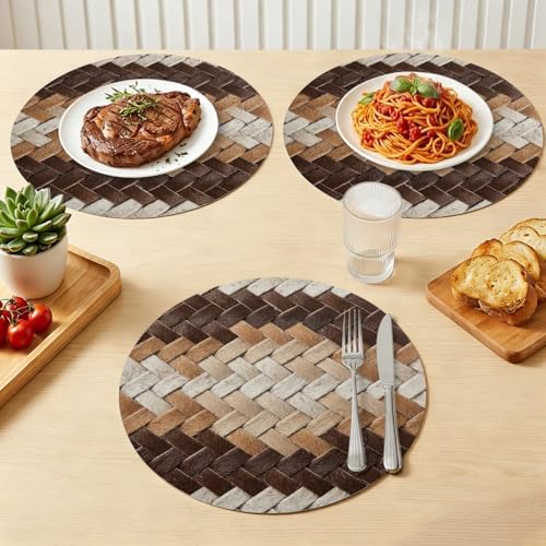 Neutral Woven Pattern Faux Leather Placemats Set of 8, 12in