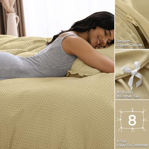 David's Home Textured Waffle Weave Duvet Cover Set, King Size, Pale