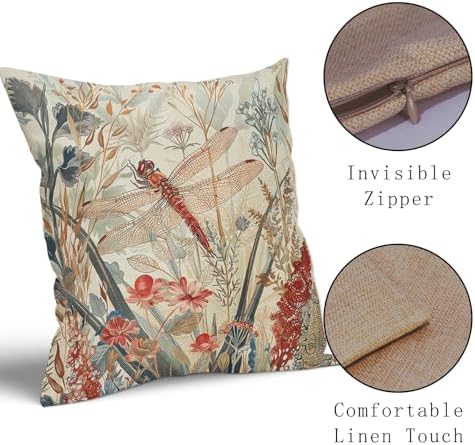 Kawani Summer Dragonfly Pillow Covers 18X18 Inch Red Floral Flower