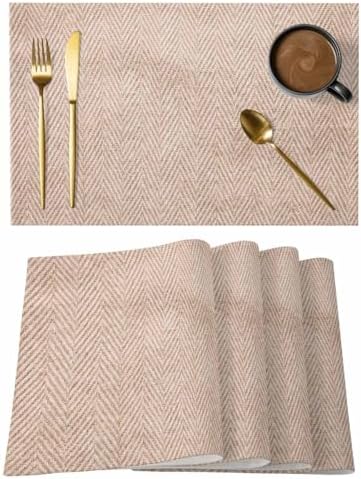 Beige Herringbone Placemats Set of 8 Modern Minimalist Woven Textured